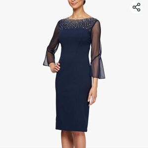NWT Alex Evenings Dress Formal Beaded 3/4 Flutter Sleeve Navy Knee Length Sz 18